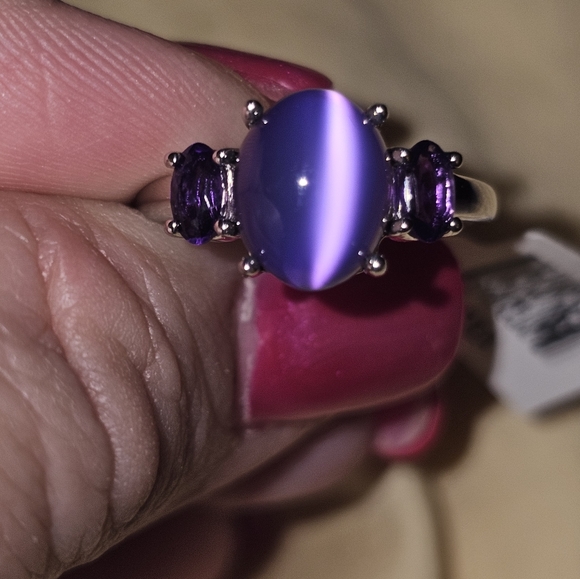 Sz 6, Oval Violet Aurora Moonstone, Amethyst side stones,925 Silver, Rhodium,NWT - Picture 11 of 15